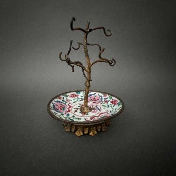 19th century bronze watch holder with naturalist decor and porcelain cup China