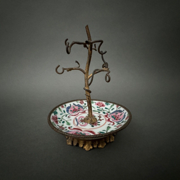 19th century bronze watch holder with naturalist decor and porcelain cup China