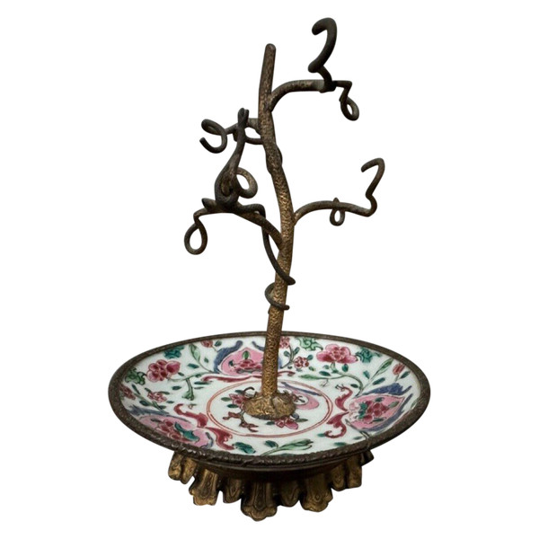 19th century bronze watch holder with naturalist decor and porcelain cup China