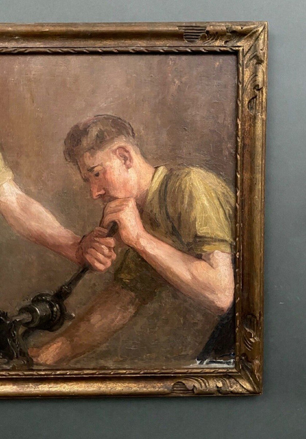 Öl auf Leinwand zwei Arbeiter bei der Arbeit 1930 von F. Saint Pasty