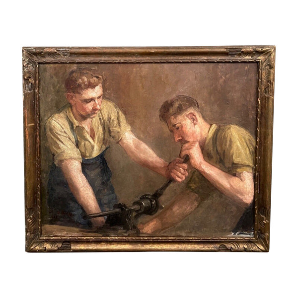 Öl auf Leinwand zwei Arbeiter bei der Arbeit 1930 von F. Saint Pasty