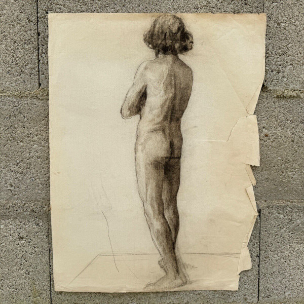 Academic nude by Berger dit Lheureux Biloul charcoal Beaux-Arts XXth century