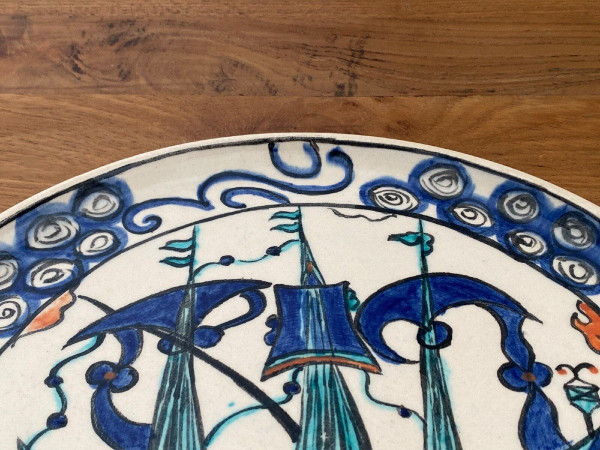 Iznik dish with caravel decoration, mid-20th century, marked CB