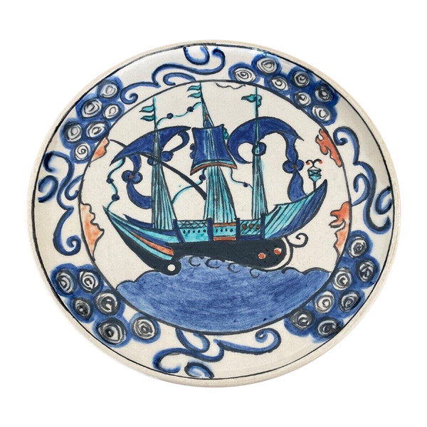 Iznik dish with caravel decoration, mid-20th century, marked CB