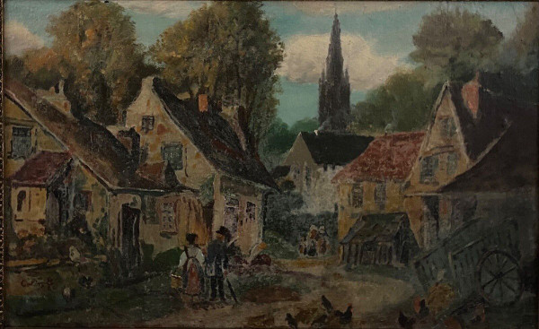Huile sur panneau par G. Colin paysage breton scène de rue début XXe