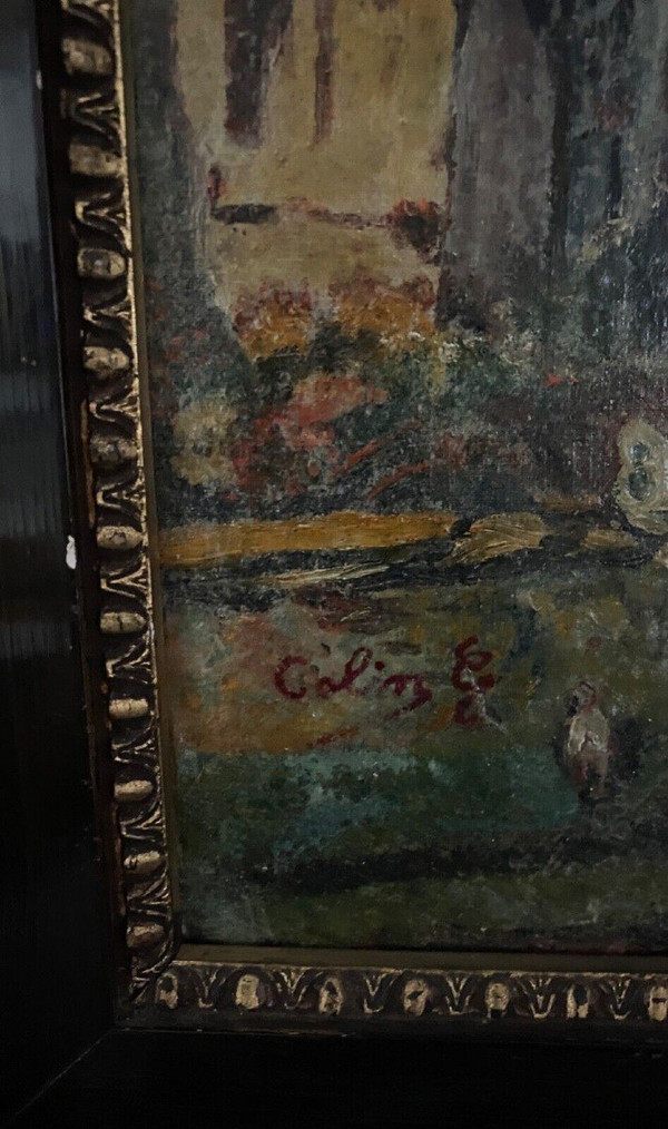 Huile sur panneau par G. Colin paysage breton scène de rue début XXe
