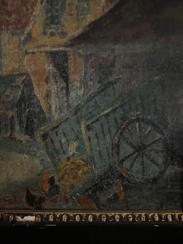 Huile sur panneau par G. Colin paysage breton scène de rue début XXe