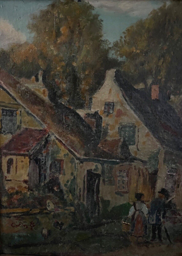 Huile sur panneau par G. Colin paysage breton scène de rue début XXe
