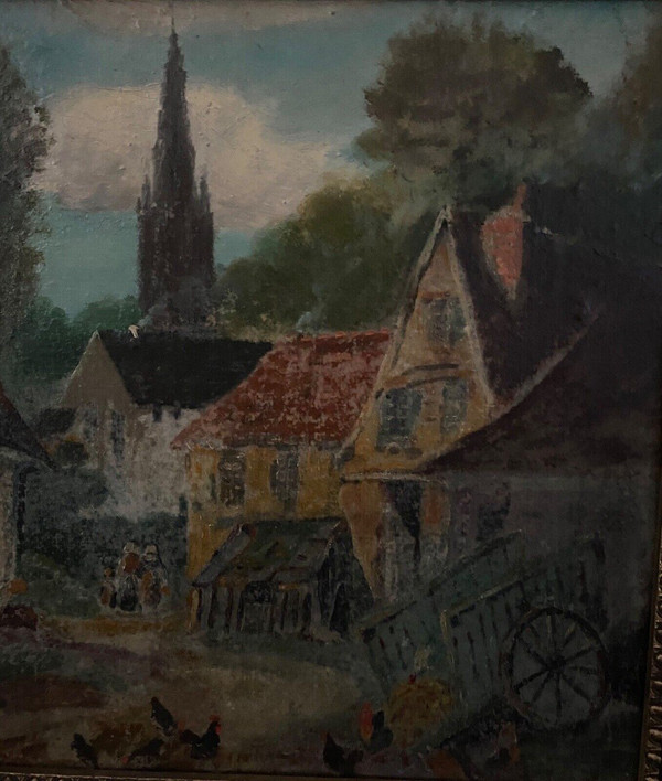 Huile sur panneau par G. Colin paysage breton scène de rue début XXe