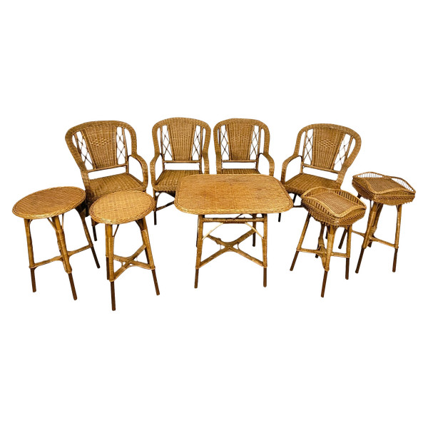 Ensemble De 9 Pièces De Salon En Rotin, Milieu XXème Siècle