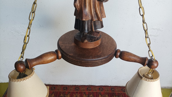 Carved oak Breton chandelier 1950