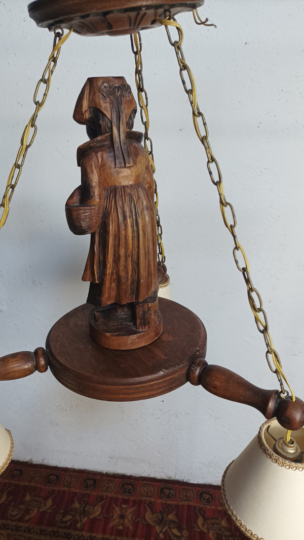 Carved oak Breton chandelier 1950