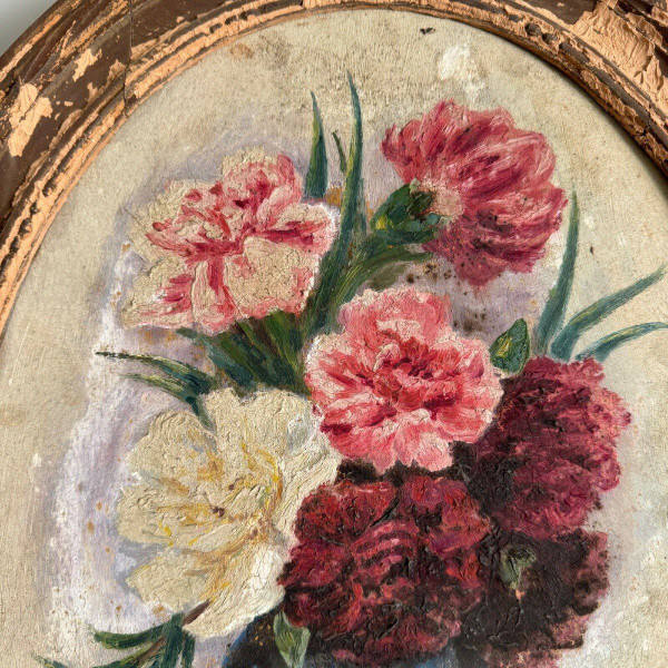 Olio su tavola di A. Cruillet Natura morta mazzo di fiori 1920