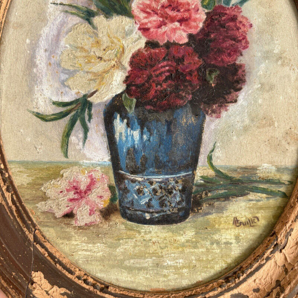 Olio su tavola di A. Cruillet Natura morta mazzo di fiori 1920