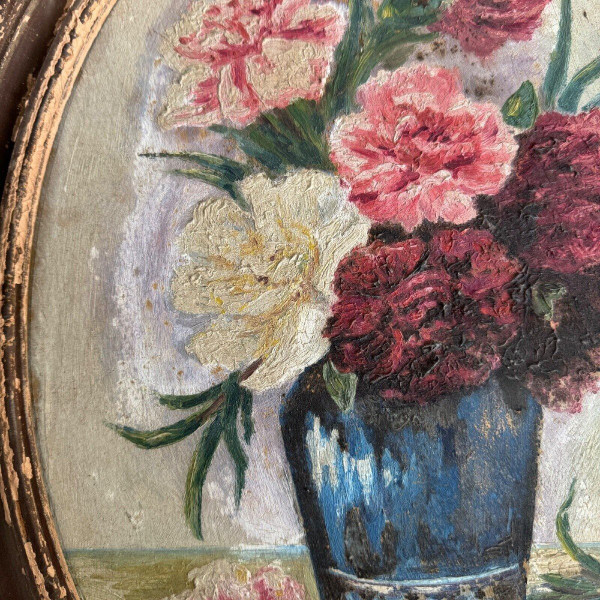 Olio su tavola di A. Cruillet Natura morta mazzo di fiori 1920