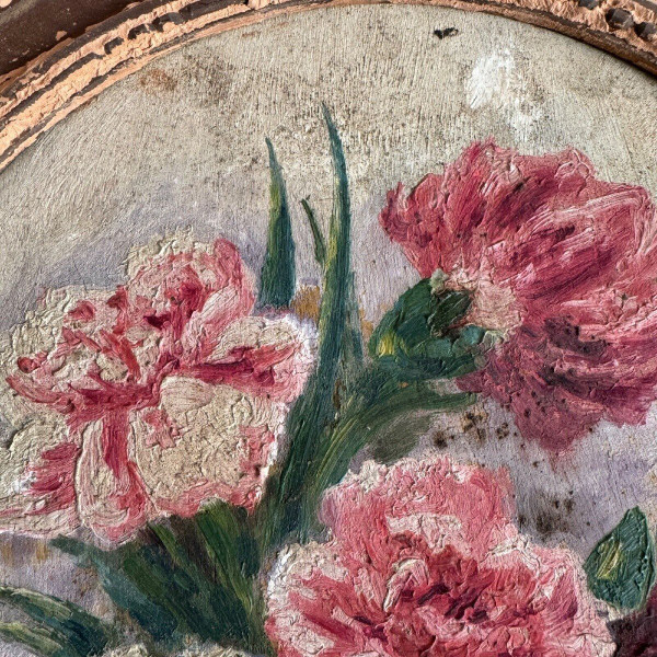 Olio su tavola di A. Cruillet Natura morta mazzo di fiori 1920