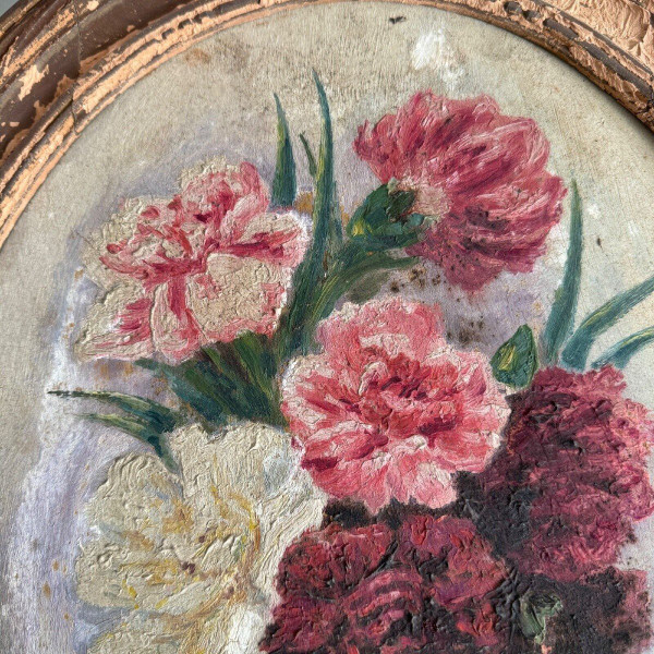Olio su tavola di A. Cruillet Natura morta mazzo di fiori 1920