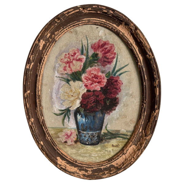 Olio su tavola di A. Cruillet Natura morta mazzo di fiori 1920