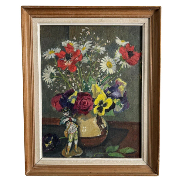 Öl auf Leinwand Blumenstillleben und Statuette 1920