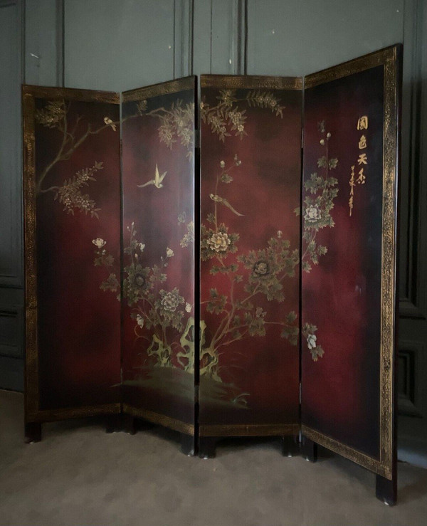 Paravento cinese in lacca, 4 pannelli, decorazioni naturalistiche, inizio XX secolo