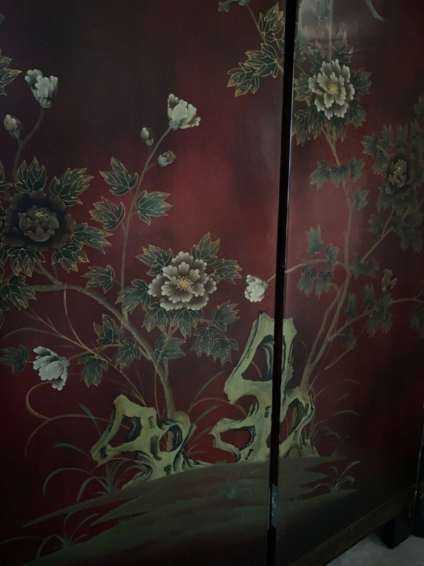 Paravento cinese in lacca, 4 pannelli, decorazioni naturalistiche, inizio XX secolo
