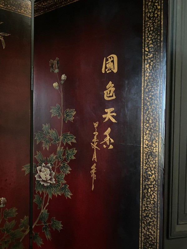 Paravento cinese in lacca, 4 pannelli, decorazioni naturalistiche, inizio XX secolo
