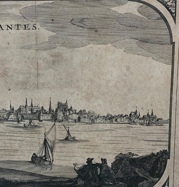Gravure représentant le port de Nantes XVIIIe cadre en pitchpin