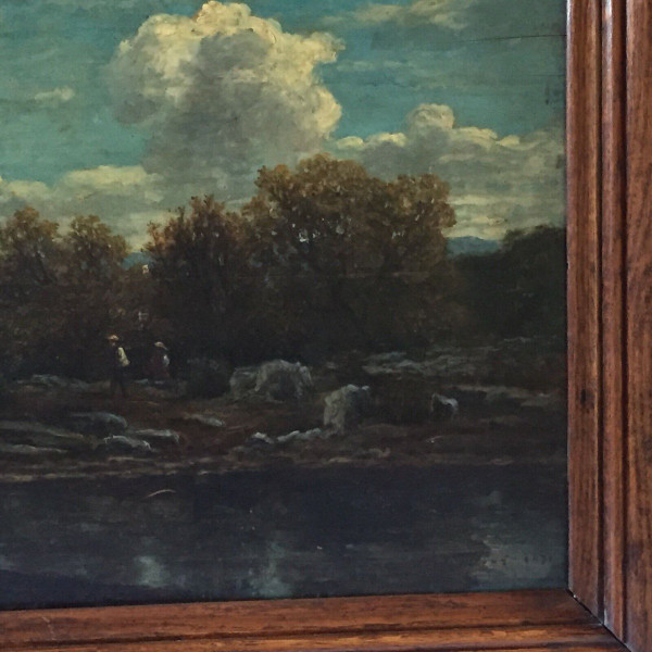 Öl auf Holzplatte von Chevalier 1878 Bühne Barbizon Holzrahmen