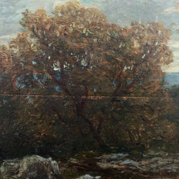 Öl auf Holzplatte von Chevalier 1878 Bühne Barbizon Holzrahmen
