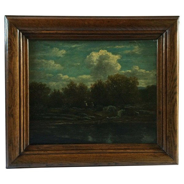 Öl auf Holzplatte von Chevalier 1878 Bühne Barbizon Holzrahmen