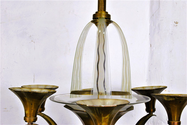 Lustre En Bronze Et Verre, Art Déco, XXème Siècle