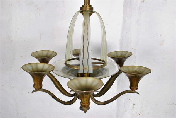 Lustre En Bronze Et Verre, Art Déco, XXème Siècle