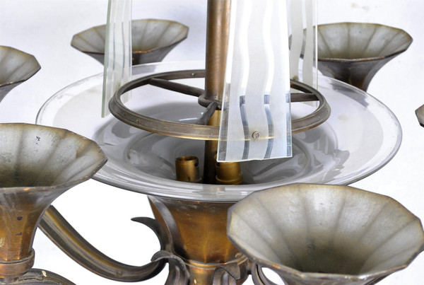 Lustre En Bronze Et Verre, Art Déco, XXème Siècle