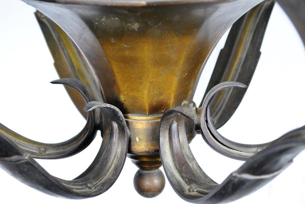 Lustre En Bronze Et Verre, Art Déco, XXème Siècle