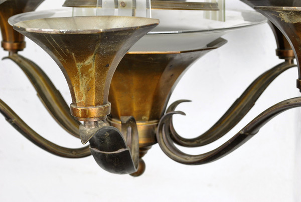 Lustre En Bronze Et Verre, Art Déco, XXème Siècle