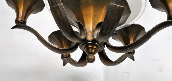 Lustre En Bronze Et Verre, Art Déco, XXème Siècle