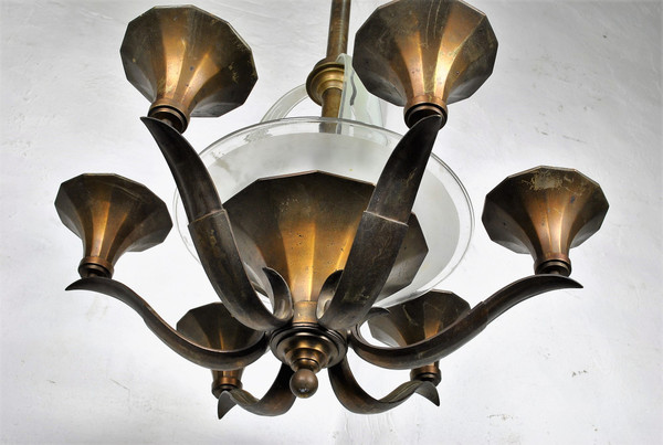 Lustre En Bronze Et Verre, Art Déco, XXème Siècle