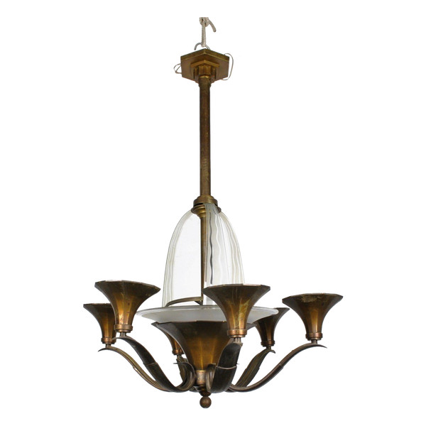 Lustre En Bronze Et Verre, Art Déco, XXème Siècle