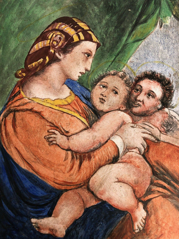 Peinture sur carreau Vierge Madone d'après Raphaël XIXe 21 Martin Brey