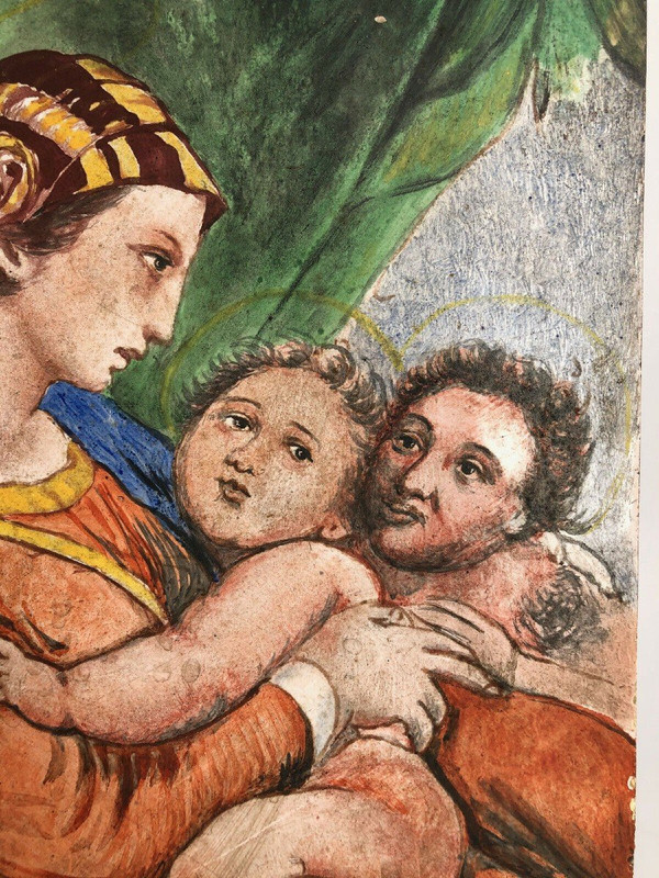 Peinture sur carreau Vierge Madone d'après Raphaël XIXe 21 Martin Brey