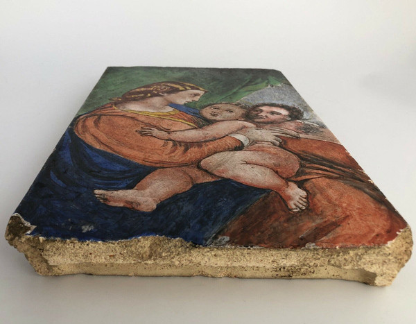 Peinture sur carreau Vierge Madone d'après Raphaël XIXe 21 Martin Brey
