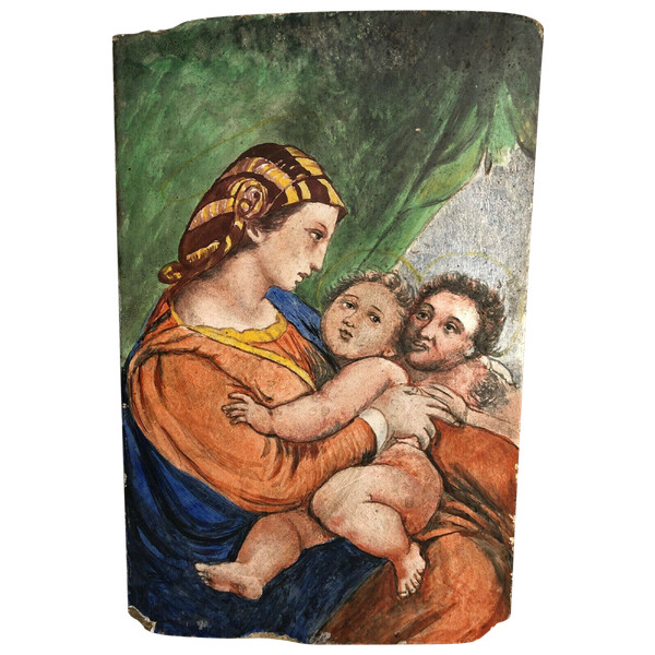 Peinture sur carreau Vierge Madone d'après Raphaël XIXe 21 Martin Brey