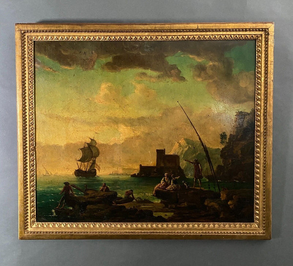 Huile sur panneau scène de port suiveur de Delacroix Marseille XIXe
