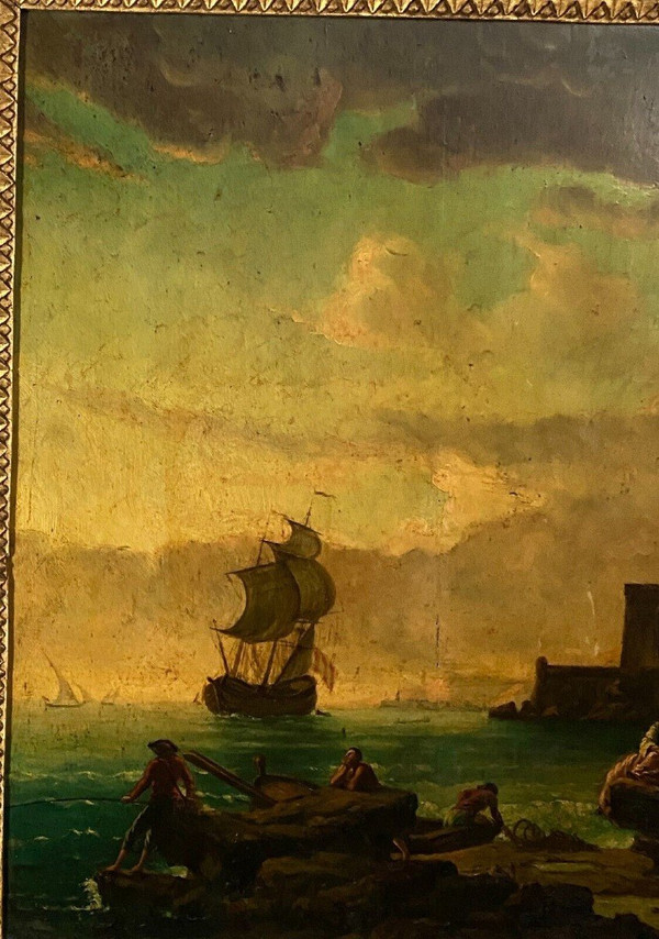 Huile sur panneau scène de port suiveur de Delacroix Marseille XIXe