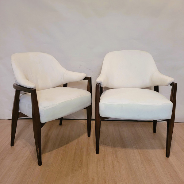 Pair De Fauteuils En Bois Dossier Corbeille, Années 50/60, XXème Siècle