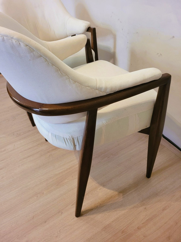 Pair De Fauteuils En Bois Dossier Corbeille, Années 50/60, XXème Siècle