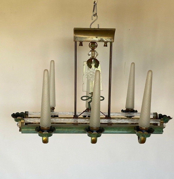 Lampadario a 6 luci in metallo e vetro del 1940 con asta in vetro smerigliato