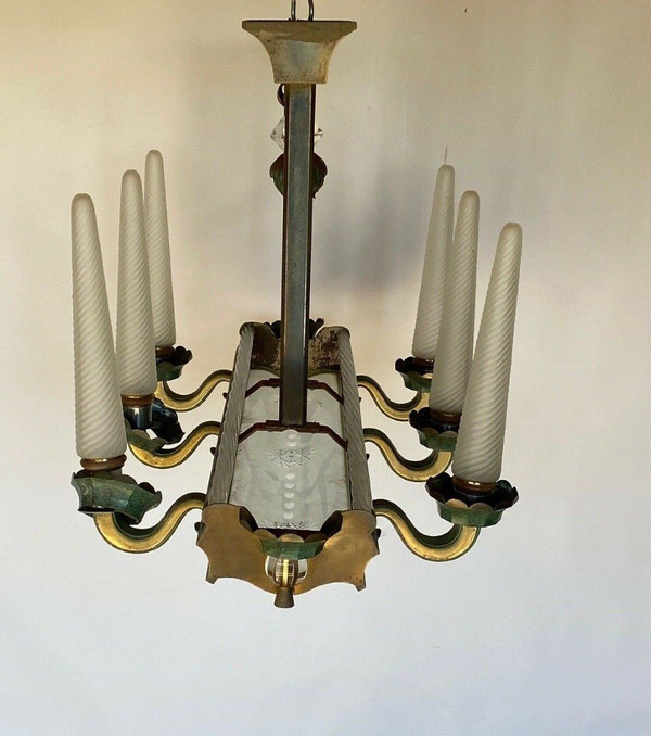 Lampadario a 6 luci in metallo e vetro del 1940 con asta in vetro smerigliato