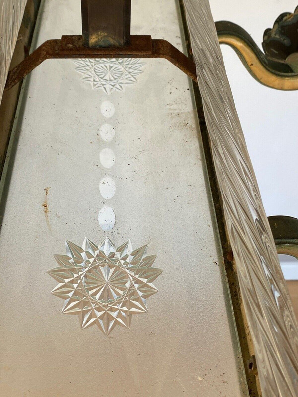 Lampadario a 6 luci in metallo e vetro del 1940 con asta in vetro smerigliato