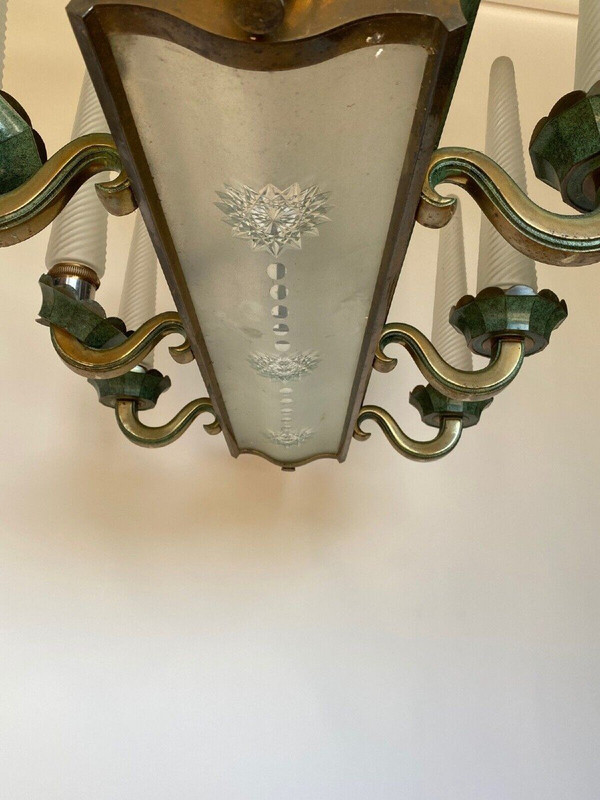 Lampadario a 6 luci in metallo e vetro del 1940 con asta in vetro smerigliato